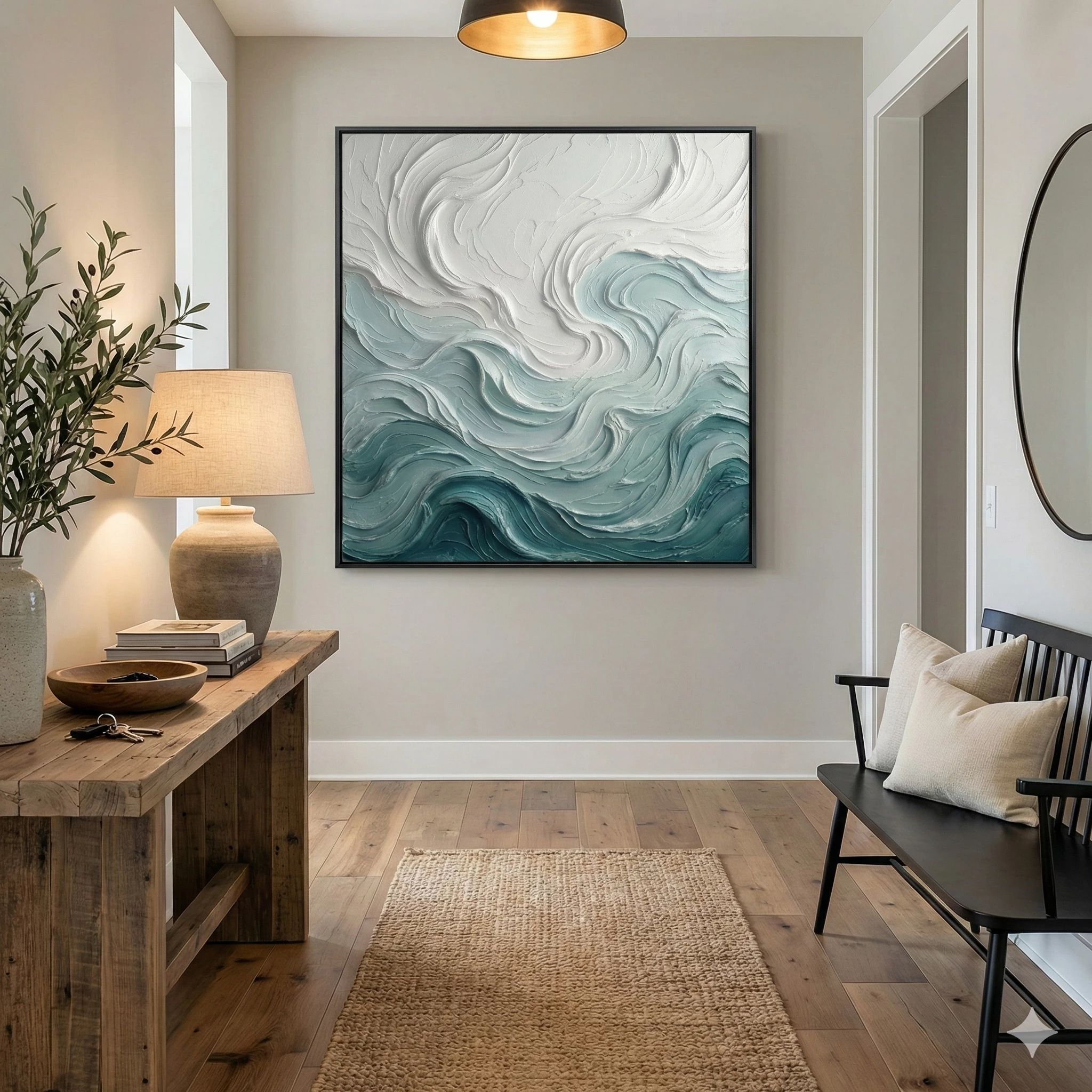 3D Textured Ocean Wave Painting - Minimalist Blue & White Art